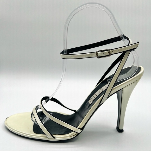CASADEI LEATHER CREAM HEELS STRAPPY SANDALS ANKLE SHOES MADE IN ITALY WOMAN 9 - Picture 3 of 15